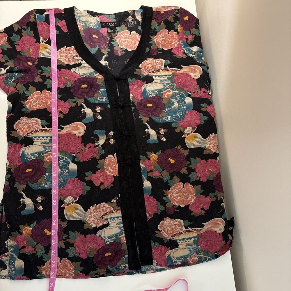 Citron Santa Monica Asian Print Silk Kimono Button Front Blouse Black Pink 1X - Picture 7 of 7